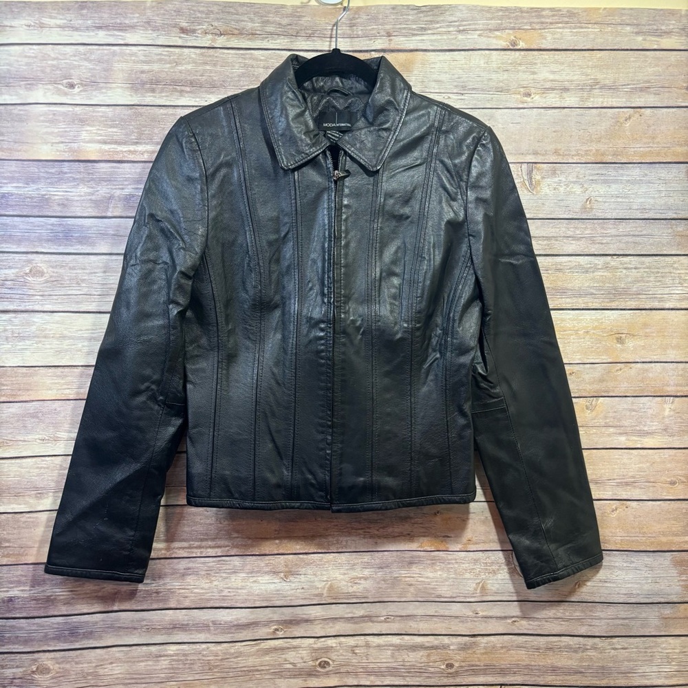 Moda International Black Leather Jacket Size Medium